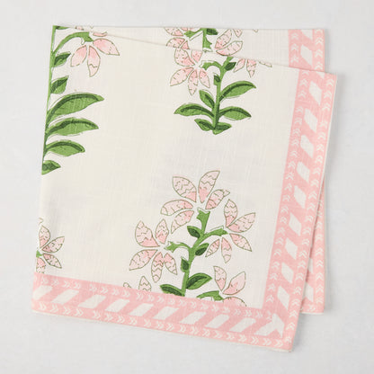 Peter Dunham + Hudson Grace Pink Shani Floral Printed Napkin, 100% cotton slub with pink botanical pattern and border.