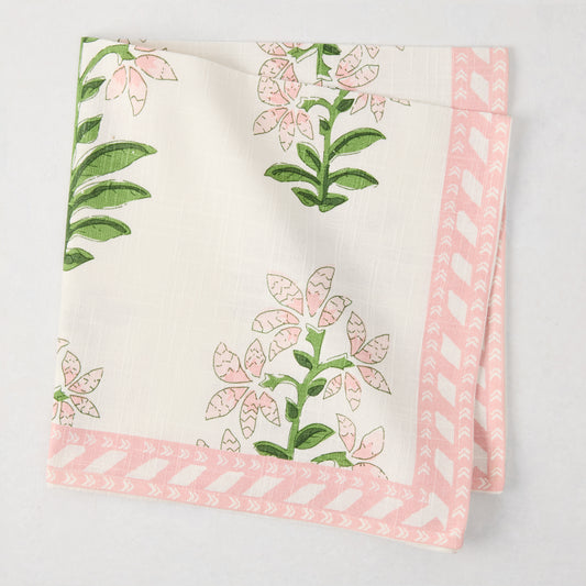 Peter Dunham + Hudson Grace Pink Shani Floral Printed Napkin, 100% cotton slub, folded.