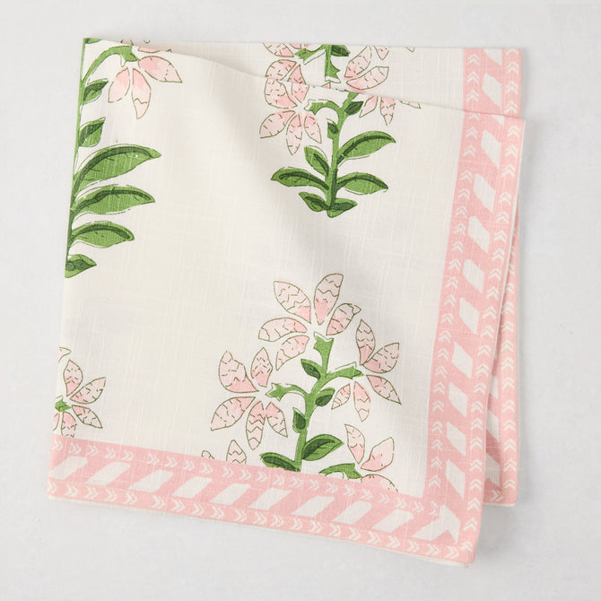 Peter Dunham + Hudson Grace Pink Shani Floral Printed Napkin, 100% cotton slub, folded.