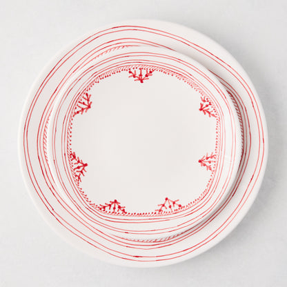 Peter Dunham + Hudson Grace Red Fez hand-painted white dinner plate with red border pattern.