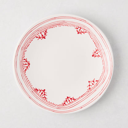 Peter Dunham + Hudson Grace Red Fez salad plate, white ceramic with hand-painted red border pattern.