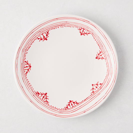 Peter Dunham + Hudson Grace Red Fez salad plate, white ceramic with hand-painted red border pattern.