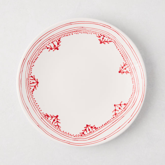 Peter Dunham + Hudson Grace Red Fez salad plate, white ceramic with hand-painted red border pattern.