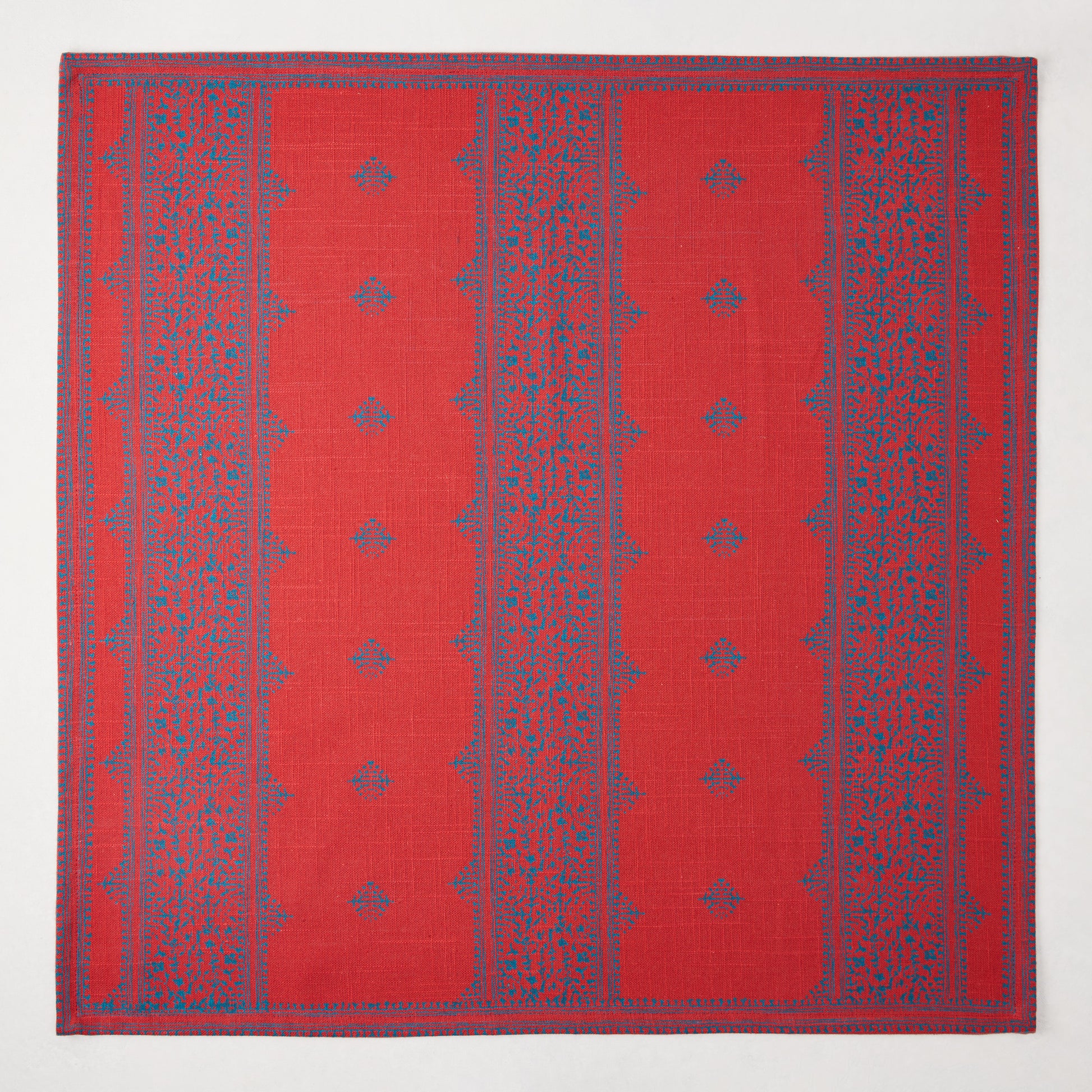 Peter Dunham + Hudson Grace Red Fez Stripe Printed Napkin, 100% cotton slub with blue intricate stripe pattern.