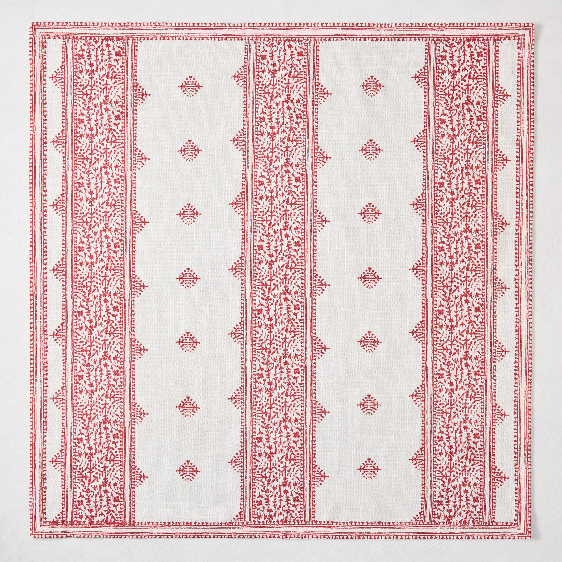 Peter Dunham + Hudson Grace Red Fez Stripe Printed Napkin, 100% cotton slub with vintage embroidery-inspired pattern.