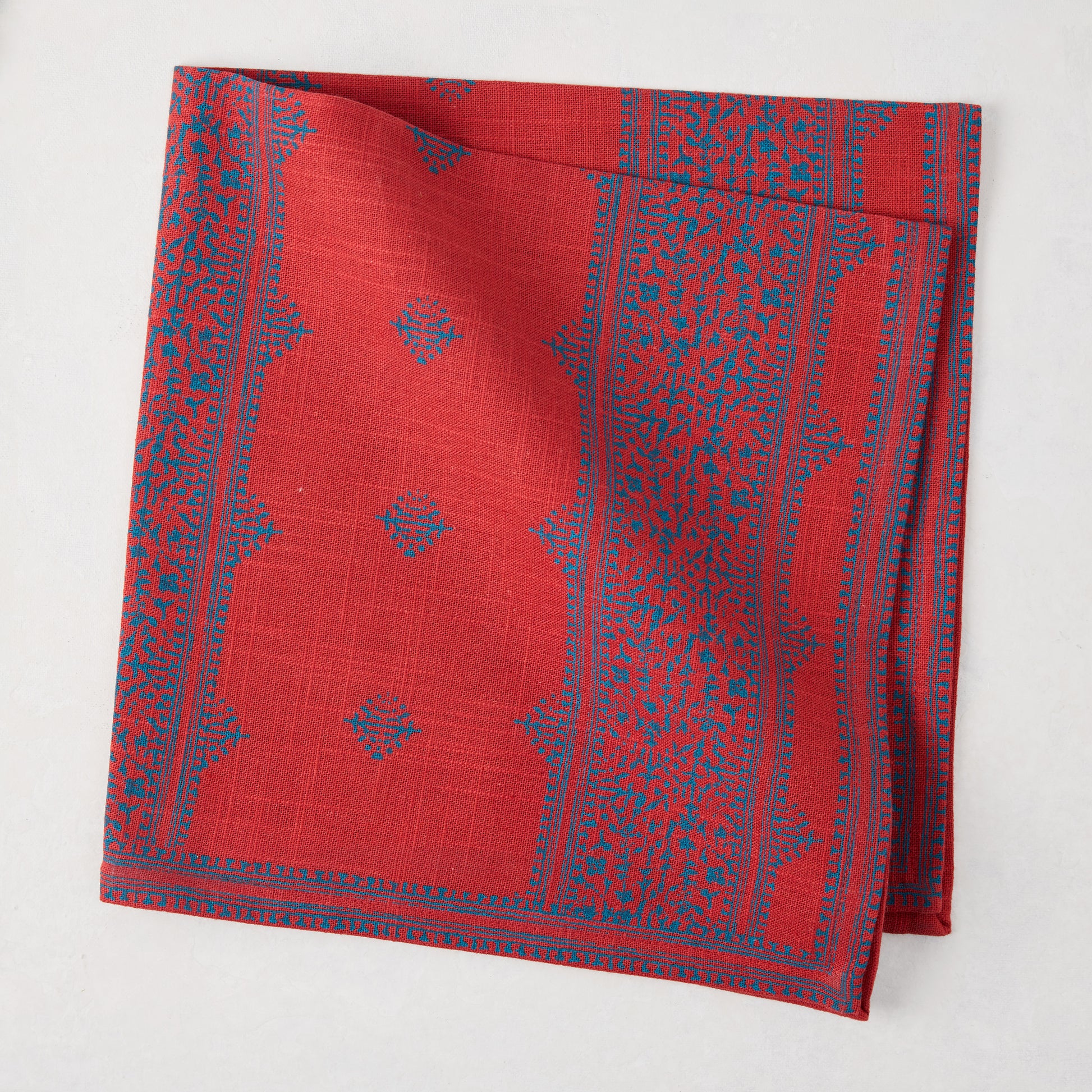 Peter Dunham + Hudson Grace Red Fez Stripe Printed Napkin, 100% cotton slub, folded.