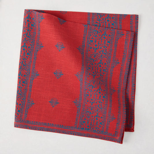 Peter Dunham + Hudson Grace Red Fez Stripe Printed Napkin, 100% cotton slub, folded.