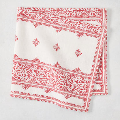 Peter Dunham + Hudson Grace Red Fez Stripe Printed Napkin, 100% cotton slub, folded, white with red vintage embroidery pattern.