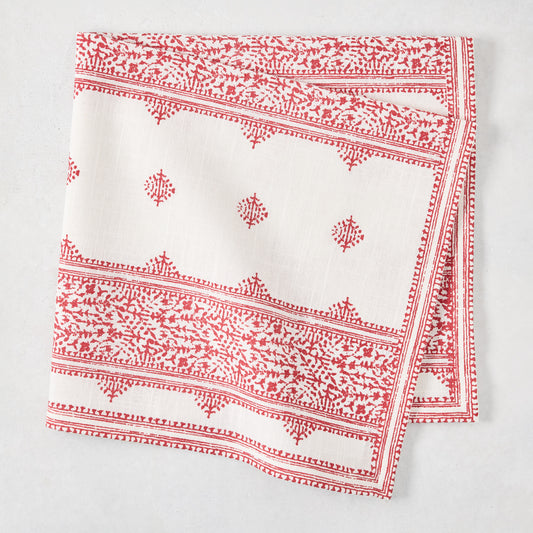 Peter Dunham + Hudson Grace Red Fez Stripe Printed Napkin, 100% cotton slub, folded, white with red vintage embroidery pattern.