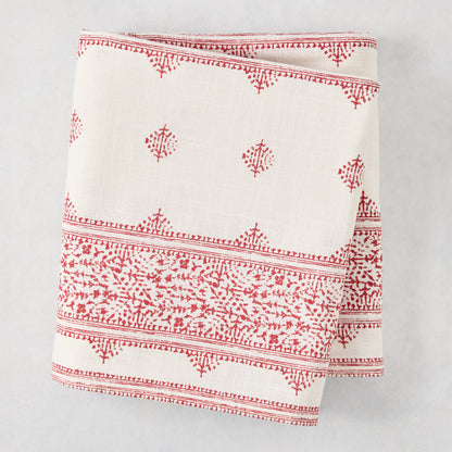 Peter Dunham + Hudson Grace Red Fez Stripe Printed Tablecloth, 100% cotton slub, folded.