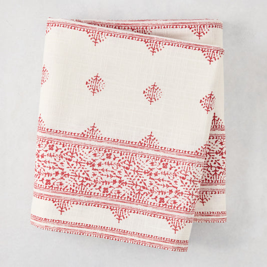 Peter Dunham + Hudson Grace Red Fez Stripe Printed Tablecloth, 100% cotton slub, folded.