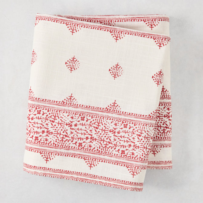 Peter Dunham + Hudson Grace Red Fez Stripe Printed Tablecloth, 100% cotton slub, folded.