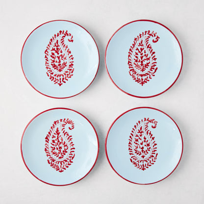 Four Peter Dunham + Hudson Grace Red Kashmir Paisley appetizer plates, light blue with red hand-painted design.