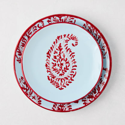 Peter Dunham + Hudson Grace Red Kashmir hand-painted paisley salad plate, light blue with red border and center design.