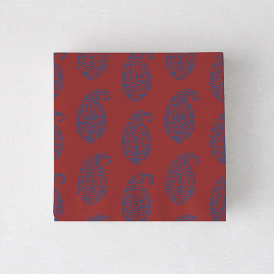 Peter Dunham + Hudson Grace Kashmir cocktail napkins, red with blue paisley pattern.