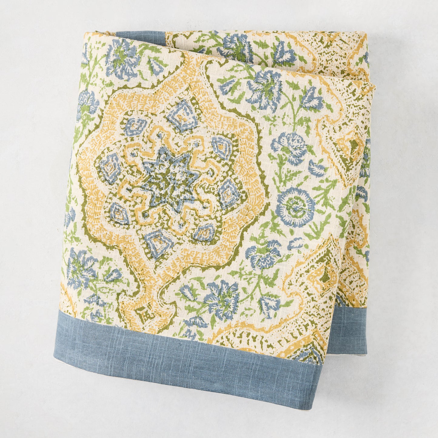 Peter Dunham x Hudson Grace Deeg printed tablecloth, blue and olive green pattern, 100% cotton slub.