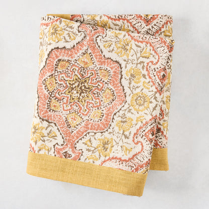 Peter Dunham x Hudson Grace Gold and Spice Orange Deeg Printed Tablecloth, 100% cotton slub with yellow border.