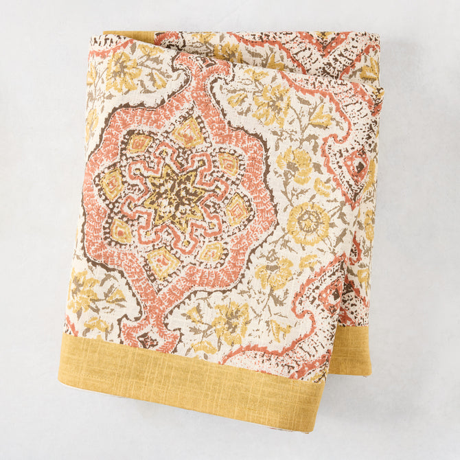 Peter Dunham x Hudson Grace Gold and Spice Orange Deeg Printed Tablecloth, 100% cotton slub with yellow border.