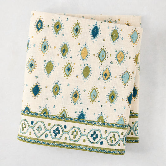 Peter Dunham x Hudson Grace Green Oona Printed Tablecloth, 100% cotton slub, tribal motif, bold border.