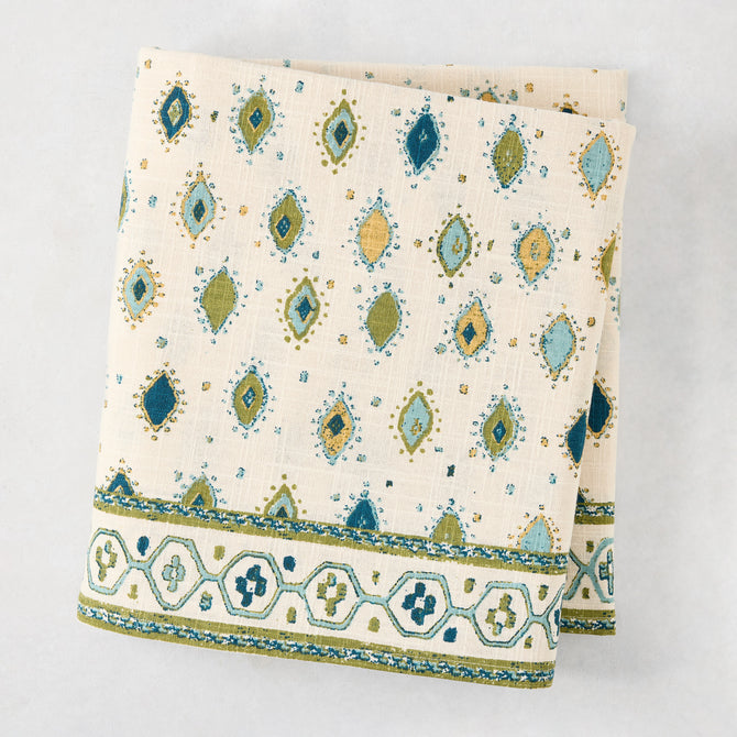 Peter Dunham x Hudson Grace Green Oona Printed Tablecloth, 100% cotton slub, tribal motif, bold border.