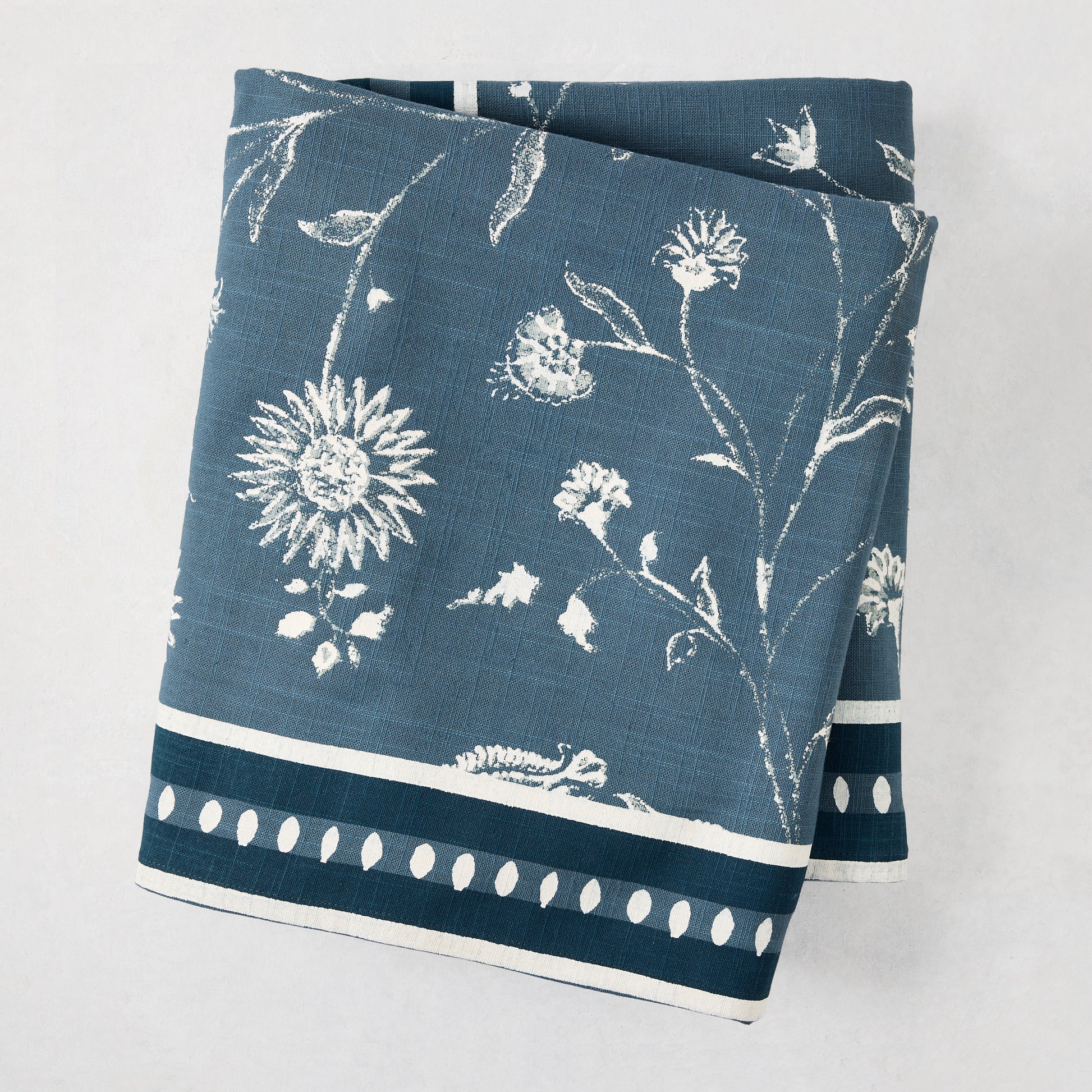 Peter Dunham x Hudson Grace Indigo Blue Indian Chintz 100% cotton slub tablecloth with floral print and border.