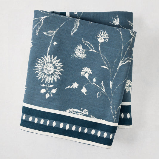 Peter Dunham x Hudson Grace Indigo Blue Indian Chintz 100% cotton slub tablecloth with floral print and border.