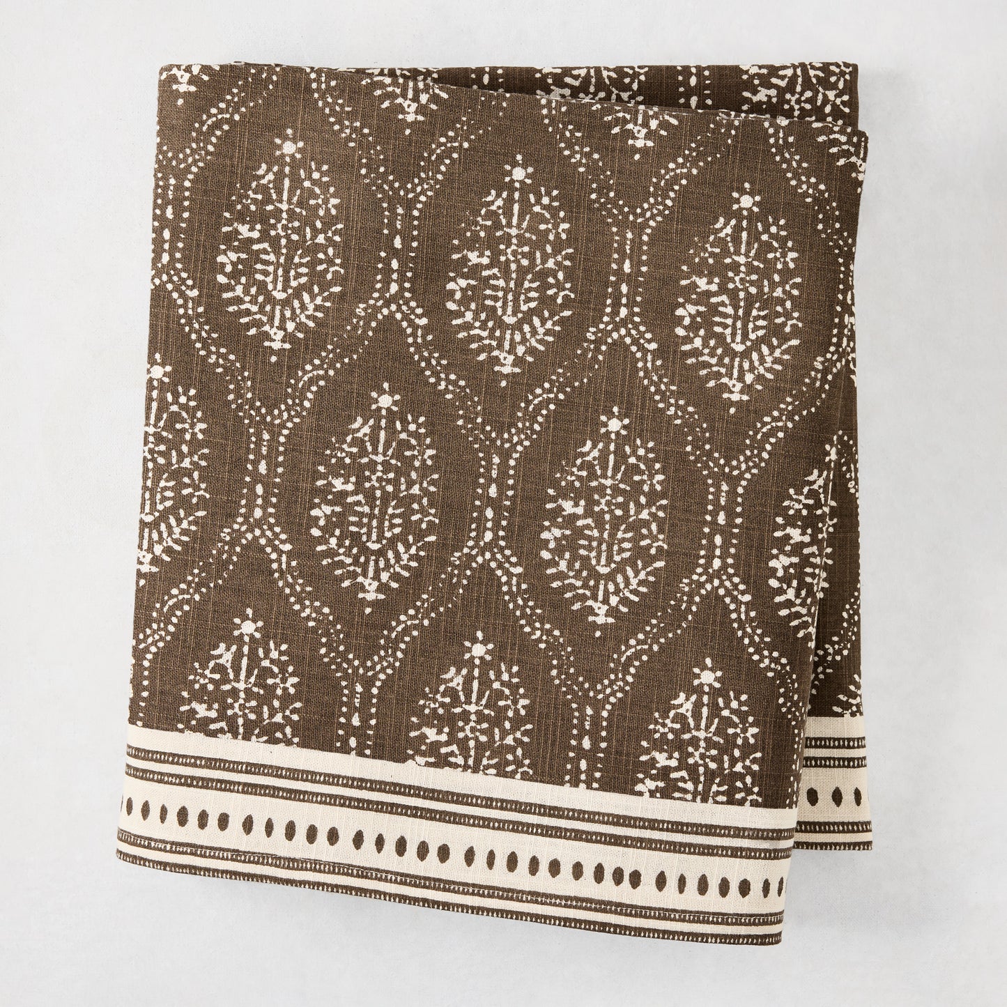 Peter Dunham x Hudson Grace Jaali Flower Chocolate Brown Printed Tablecloth, 100% cotton slub, 70"W x 108"L.