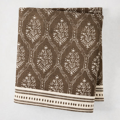 Peter Dunham x Hudson Grace Jaali Flower Chocolate Brown Printed Tablecloth, 100% cotton slub, 70"W x 108"L.