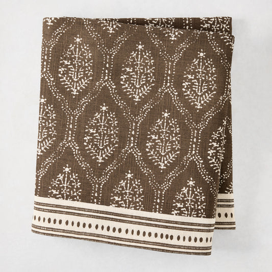 Peter Dunham x Hudson Grace Jaali Flower Chocolate Brown Printed Tablecloth, 100% cotton slub, 70"W x 108"L.