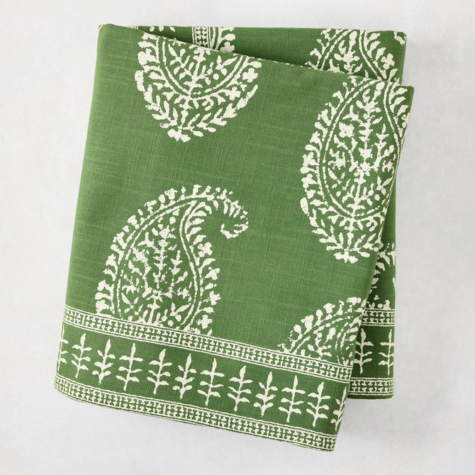 Peter Dunham x Hudson Grace Kashmir Paisley Olive Green Printed Tablecloth, 70"W x 108"L.