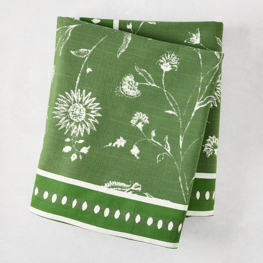 Peter Dunham x Hudson Grace olive green Indian chintz floral printed cotton tablecloth, folded.
