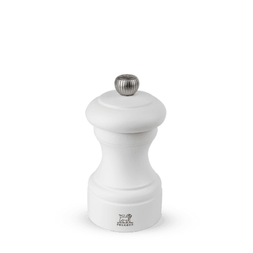 Peugeot Bistro 4" matte white wooden pepper mill with silver knob and logo.