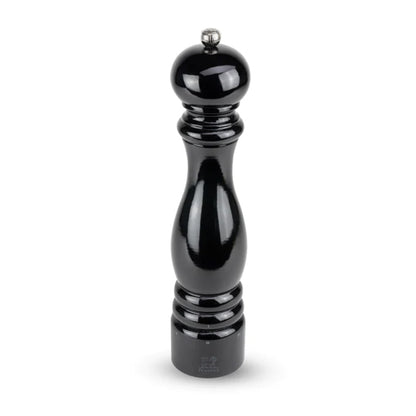 Peugeot Paris Black Lacquer 12" Pepper Mill, glossy beechwood with silver top.