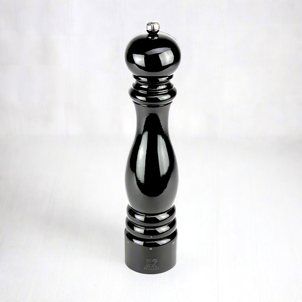 Peugeot Paris Black Lacquer 12" Pepper Mill, glossy black beechwood with silver top knob.