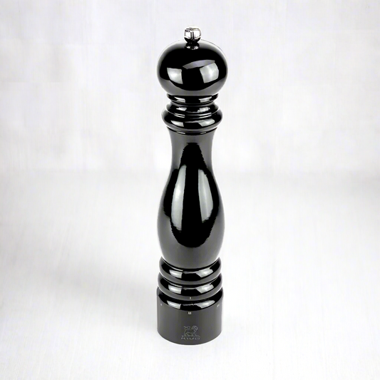 Peugeot Paris Black Lacquer 12" Pepper Mill, glossy black beechwood with silver top knob.