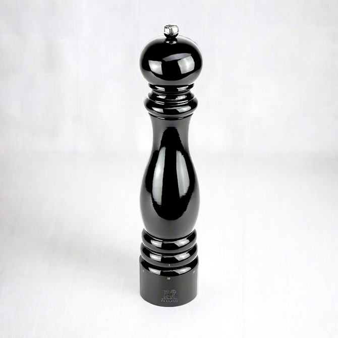 Peugeot Paris Black Lacquer 12" Pepper Mill, glossy black beechwood with silver top knob.