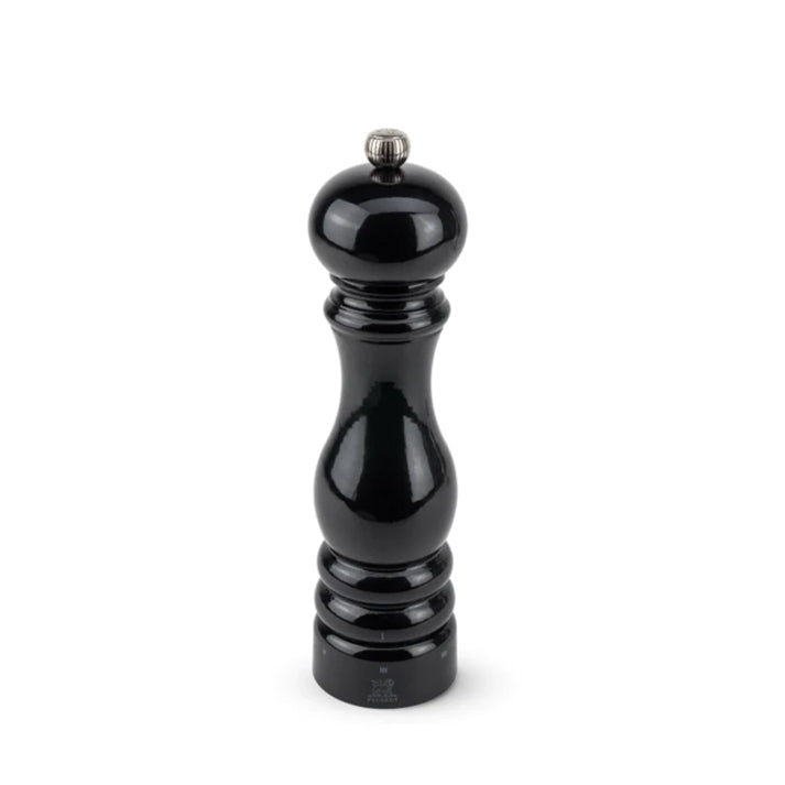 Peugeot Paris 9" black lacquer beechwood salt mill with silver knob.