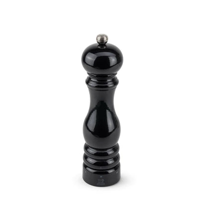 Peugeot Paris 9" black lacquer beechwood salt mill with silver knob.