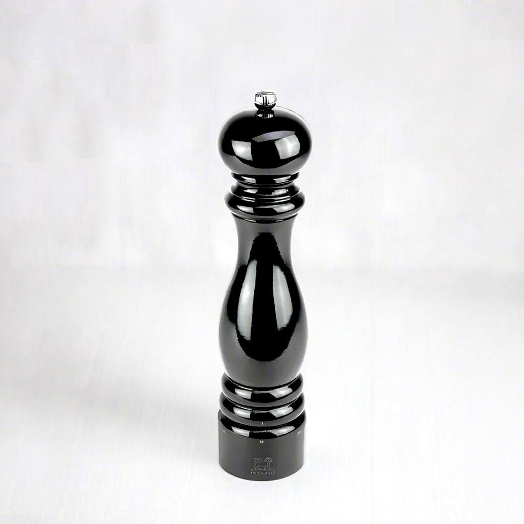 Peugeot Paris Black Lacquer 9" Salt Mill, glossy sustainable beechwood, elegant silhouette.