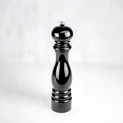 Peugeot Paris Black Lacquer 9" Salt Mill, glossy sustainable beechwood, elegant silhouette.