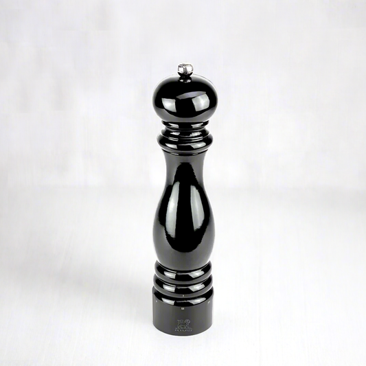 Peugeot Paris Black Lacquer 9" Salt Mill, glossy sustainable beechwood, elegant silhouette.