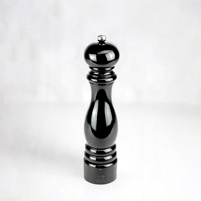 Peugeot Paris Black Lacquer 9" Salt Mill, glossy sustainable beechwood, elegant silhouette.