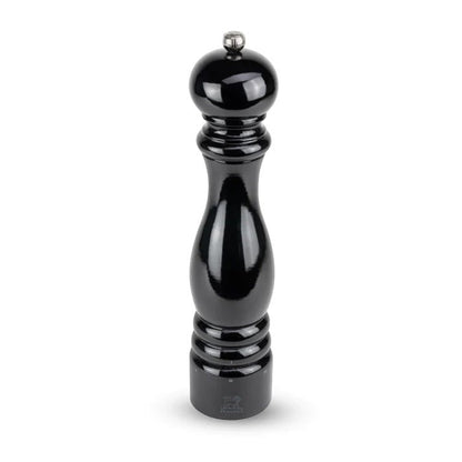 Peugeot Paris Black Lacquer 12" Pepper Mill, glossy beechwood with silver top.