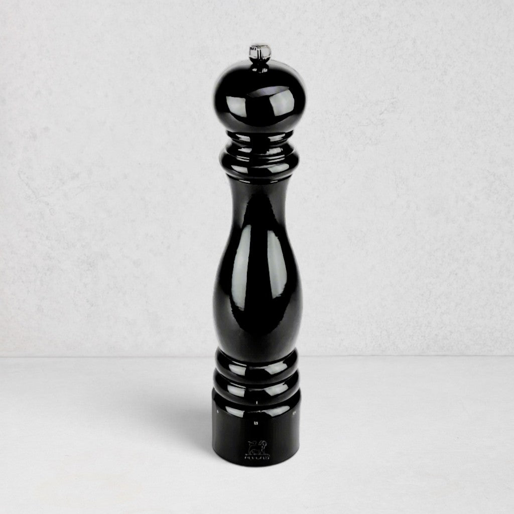 Peugeot Paris Black Lacquer 12" Pepper Mill, glossy black beechwood with silver top knob.
