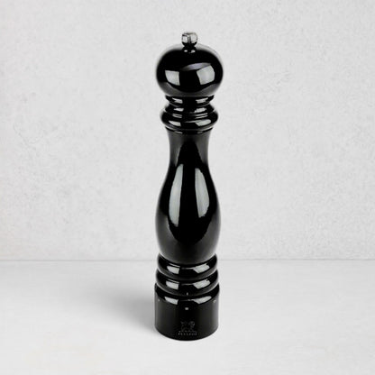Peugeot Paris Black Lacquer 12" Pepper Mill, glossy black beechwood with silver top knob.