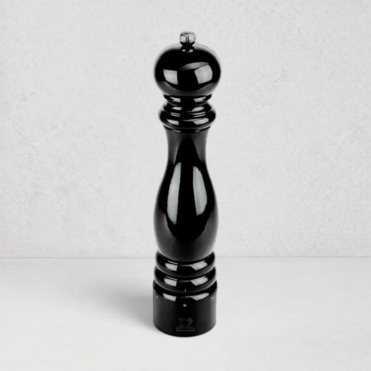 Peugeot Paris Black Lacquer 12" Pepper Mill, glossy black beechwood with silver top knob.