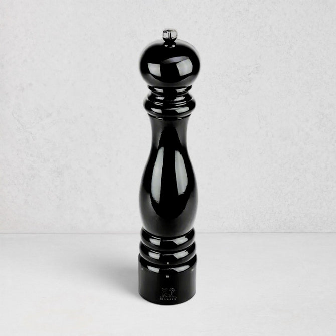 Peugeot Paris Black Lacquer 12" Pepper Mill, glossy black beechwood with silver top knob.
