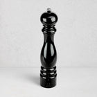 Peugeot Paris Black Lacquer 12" Pepper Mill, glossy black beechwood with silver top knob.
