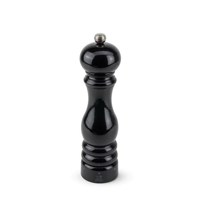 Peugeot Paris 9" black lacquer beechwood salt mill with silver knob.
