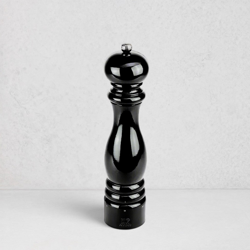 Peugeot Paris Black Lacquer 9" Salt Mill, glossy sustainable beechwood, elegant silhouette.